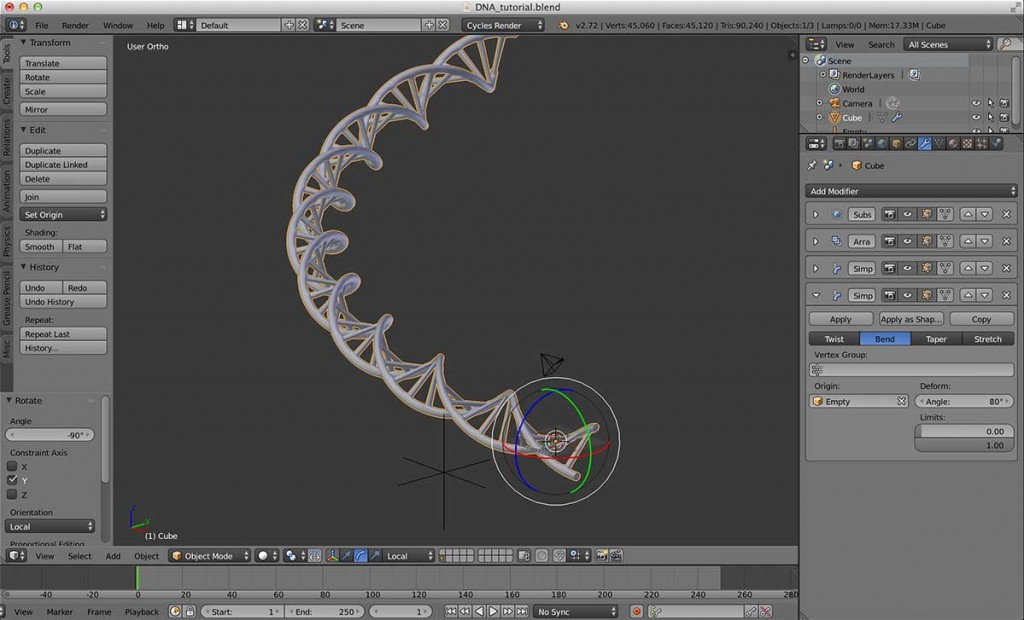 Empty を移動した方向を軸として、DNA のオブジェクトを90度回転させます。すると、オブジェクト全体がぐにゃりと弧を描いて曲がります。